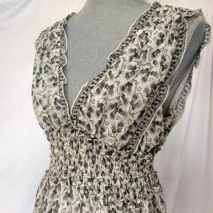Max Studio Cream/Blck smocked Vintage Sleeveless Maxi Lined Floral Vneck dress M